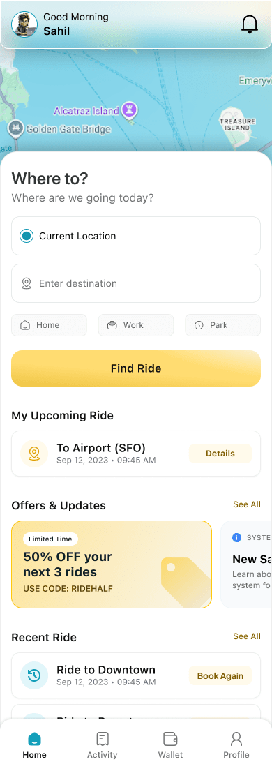 Routes app home screen with ride booking
